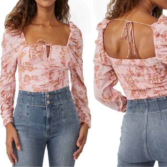 NWT FREE PEOPLE Hilary Printed Top / Blouse | Pink | Size L - Picture 9 of 11